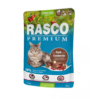 Rasco konservai katėms (sterilizuotoms) su antiena ir spanguolėmis padaže, 85 g