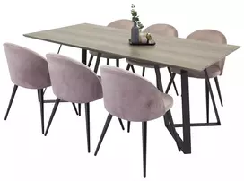 Marina Valgomojo stalas, pilka/juoda + kėdė 6 vnt., rusva