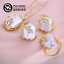 SENIKO Fashion Leaf Baroko perlų vėrinys Auskarai Gėlavandenių perlų papuošalų rinkiniai Moterims Gėlavandenių perlų karoliai Perlų auskarai A