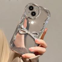 Applicable To Apple 15 Mobile Phone Case IPhone 14 Promax Electroplated Silver 13 Three-dimensional Bow Chain Full-in Silicone iphone 15