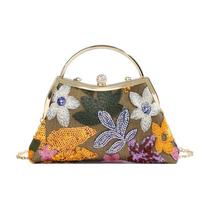 Moteriška boho stiliaus siuvinėta vakarinė rankinė, sudėtinga tiulio ir blizgučių delninukė su magnetiniu užsegimu, rytietiška elegancija, vestuvių vakarėlio rankinė šviesiai violetinė spalva