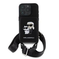 Karl Lagerfeld Saffiano Crossbody Strap Karl and Choupette iPhone 16 Pro dėklas telefonui juodos spalvos
