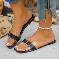 One-word cool slippers women's 2025 summer new fashionable color transparent square buckle outer wear flat casual beach sandals 35 juoda