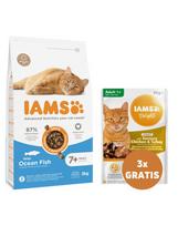 IAMS For Vitality Cat Senior Ocean Fish vyresniųjų kačių ėdalas 3 kg + 3 x vištiena ir kalakutiena padaže 85 g NEMOKAMAI