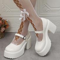 White Platform High Heels Pumps Women Patent Leather Chunky Heeled Mary Jane Shoes Woman Round Toe Buckle Strap Student Shoes 35 balta