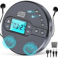 Įkraunamas 2000mAh Discman CD grotuvas su Bluetooth, FM, ausinėmis, LCD, AUX, garsiakalbiu, USB - apsauga nuo strigimų, nešiojamas automobiliui juoda