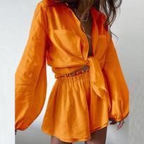 Women 's 2-Piece Tracksuit Outfit Set Long Sleeve Cotton Linen Shirt Loose High Waisted Mini Shorts Set S oranžinė