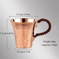 Vintažinis gryno vario puodelis, rankų darbo plaktuko tekstūros pynimo rankena, pusryčių, mula, pienui, alui, kavai, 170 ml puodelis, arbatos gertuvė, stalo indai 170ml