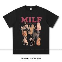 Moteriški Milf katės paveikslėlio marškinėliai 100% medvilnė Oversize Juokingi grafiniai marškinėliai vyrams Vasariniai viršutiniai drabužiai Humoras Streetwear XXXXL juoda