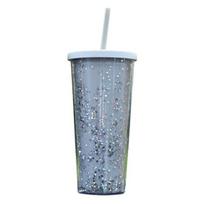 24OZ/710ml vandens puodelis su šiaudeliu, blizgučiais, dviguba sienele, banguotu kraštu, tiesus violetinė
