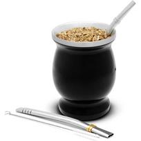 Natūralus Yerba Mate moliūgas/Arbatinis puodelis su dangteliu (Originali tradicinė matės puodelis - 230ML) | Yra 2 bombilės (Yerba Mate šiaudeliai) juoda