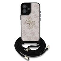 Guess PU 4G Metal Logo Crossbody Strap dėklas skirtas Apple iPhone 16 rožinės spalvos