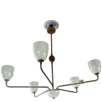 5 Light Mid-Century Modern Brass and Wood Sphere Ceiling Light Fixture Vintage Inspired Pendant Hanging Chandelier Stillroom Sputnik