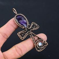 Ametisto brangakmenis, apvyniotas gryno vario viela, rankų darbo Ankh pakabukas, papuošalas 3.31 Inches violetinė