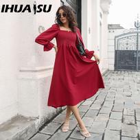 IHUASU Moteriška pavasario vasaros midi suknelė, platintos rankovės, A formos, kvadratinė iškirptė, aukštas juosmuo, vienspalvė, S-XL S raudona