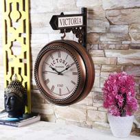 Plastic Wooden Replica Station Double Sided Wall Clock Hanging Stylish Iron