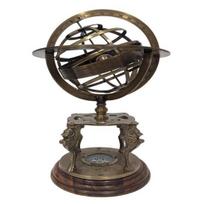 Brass antique armillary, replica spherical globe with compass on base, astrolabe