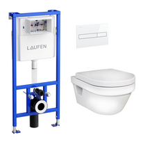 Komplektas: rėmas Laufen su baltu mygtuku ir klozetas Gustavsberg Hygienic Flush su softclose dangčiu