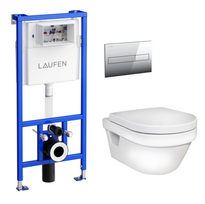 Komplektas: rėmas Laufen su chromuotu mygtuku ir klozetas Gustavsberg Hygienic Flush su softclose dangčiu