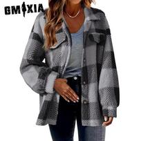GMXIA Women's Vintage Casual lattice Print Autumn Winter Long Sleeve POLO Neck Jackets & Coats S pilka spalva