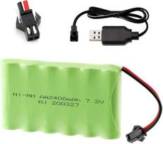 1 vnt. 7,2 V 2400 mAh Ni-MH AA įkraunamas akumuliatorius su sm-2P 2 kontaktų kištuku ir USB įkroviklio kabeliu, skirtas RC sunkvežimiams
