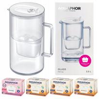 Aquaphor Glass, stiklinis 2,5 l filtravimo ąsotis su 4vnt kasečių (1Mg+3H), baltas