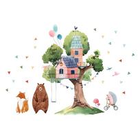 Vaikiškas sieninis lipdukas Ambiance Giant Tree and the Hut of Happiness, 90 x 120 cm