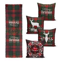4 kalėdinių pagalvių užvalkalų ir staltiesės rinkinys Minimalist Cushion Covers Tartan Christmas