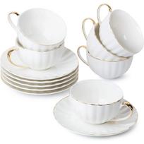 Baltų arbatos puodelių ir lėkštelių rinkinys (6 vnt.) (7 uncijos), Porceliano baltos arbatos puodelio rinkinys su auksiniu apvadu, Motinos dienos dovana Set of 6 balta