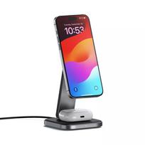 Satechi Qi2 2-in-1 charging stand for iPhone and AirPods, featuring a foldable design and fast wireless charging