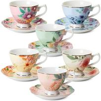 Porcelianinis arbatos puodelių rinkinys - 6 vienetai, įskaitant šaukštelius, puikiai tinka popietinei arbatai 6 Pieces