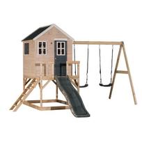 Vaikų medinė žaidimų aikštelė, žaidimų namelis su sūpynėmis, Wendi Toys M28G, pilka, 330 x 405 x 242 cm