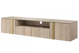 TV staliukas Verica 200 cm, su atvira lentyna, ąžuolas, auksinės rankenos