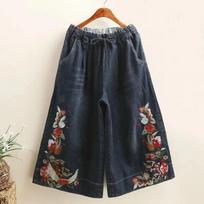 Women's Summer High Waist Vintage Elastic Denim Pants Loose Design Embroidery Wide Leg Pants 3XL tamsiai mėlyna spalva