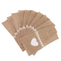 10pcs Jute Lace Cutlery Holder Burlap Knife Fork Pocket Pouch for Wedding Christmas Party brown