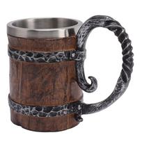Vikingiškas alaus bokalas su rankena 304 nerūdijančio plieno dvigubos sienelės medžio imitacija viduramžių tankardas skirtas L(for 6.5-9kg)