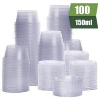 100 vnt. vienkartiniai „Jello Shot“ puodeliai Plastikiniai porcijų puodeliai su dangteliais Pagardų indeliai