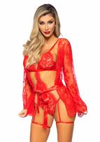 Leg Avenue Teddy, Lace Robe & Ribbon Tie Red S