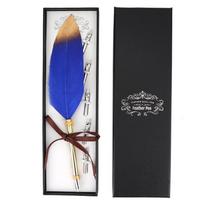 Retro Classical Style Feather Pen Kit Metal Calligraphic Pen Gift Box for StudentBlue mėlyna
