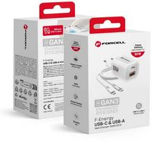 Telefono įkroviklis Forcell F-Energy GaN III Crystal Color USB C + USB A QC4.0 PD 33W + silikoninis laidas USB C į USB C VT-41 baltas 0INT