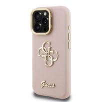 Guess PU Grained 4G Logo Stand Camera Frame dėklas skirtas Apple iPhone 15 Pro rožinės spalvos