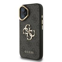 Guess PU 4G Metal Logo Stand Camera Frame dėklas skirtas Apple iPhone 16 juodos spalvos