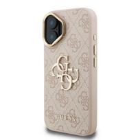 Guess PU 4G Metal Logo Stand Camera Frame dėklas skirtas Apple iPhone 16 rožinės spalvos