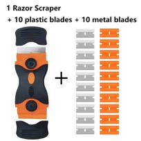 Plastikinis ir metalinis skustuvo ašmenų grandiklis, langų stiklo valiklis, vinilo plėvelės ir klijų valiklio įrankis automobiliui ir namams 1knife 20 blade