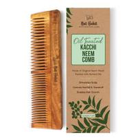 Nat Habit Kacchi Neem medinės šukos - Pamirkytos 17 žolelių Neem, ricinų ir kokosų aliejuje daugiašiam blizgesiui, tinka visų tipų plaukams (Dvigubas dantis)
