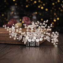 Sidabro spalvos gėlė, perlas, kalnų krištolas, plaukų šukos, galvos juosta, vestuviniai plaukų aksesuarai moterims, nuotakai, tiara, galvos juosta, plaukų papuošalai