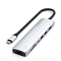 Satechi USB-C Slim Multiport Adapter with Ethernet and 4K HDMI, featuring 7 ports and PD for display, network, and efficient connectivity