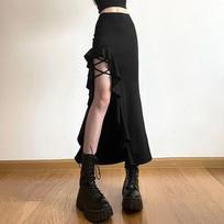 Women's Slit Black Midi Skirt High Waist Irregular Ruffled Skirt Sexy Bottom Clothes Fashion Streetwear Spring Summer S