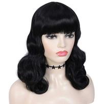 Rock Vintage perukai moterims Trumpas juodas perukas su kirpčiukais Atsparus karščiui Trumpas garbanotas Bettie Page perukas 12inches&1pc juoda