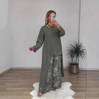 Women's set casual irregular top printed wide-leg belt pocket set L pilka